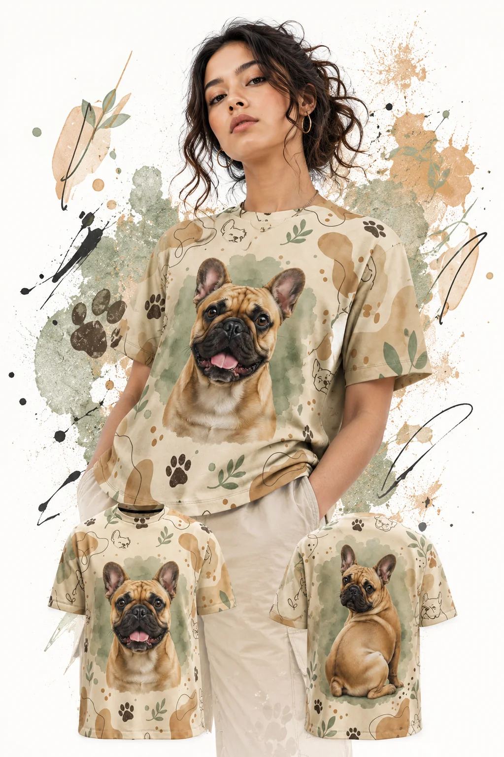 Model wearing a one-of-one tee printed with a watercolor French bulldog design